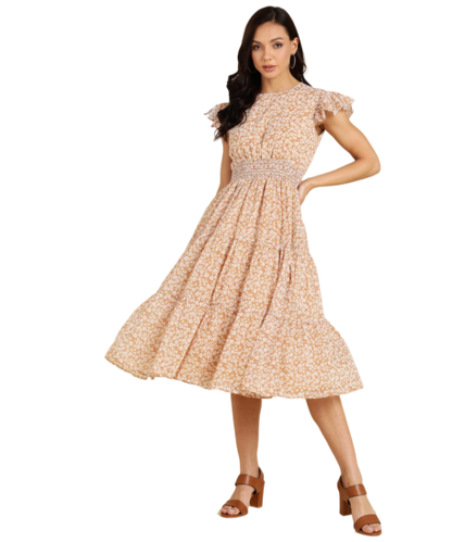 MONOCHROME FLORAL TIERED MIDI DRESS
