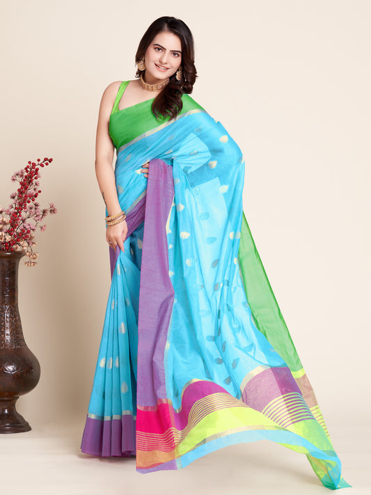 ANJANEYA SAREE AQUA BLUE COTTON WOVEN SAREE WITH UNSTITCHED BLOUSE