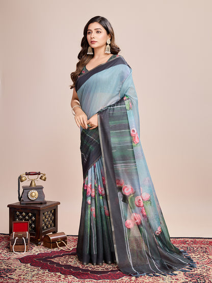 SATRANI MULTI LINEN PRINTED SAREE WITH UNSTITCHED BLOUSE