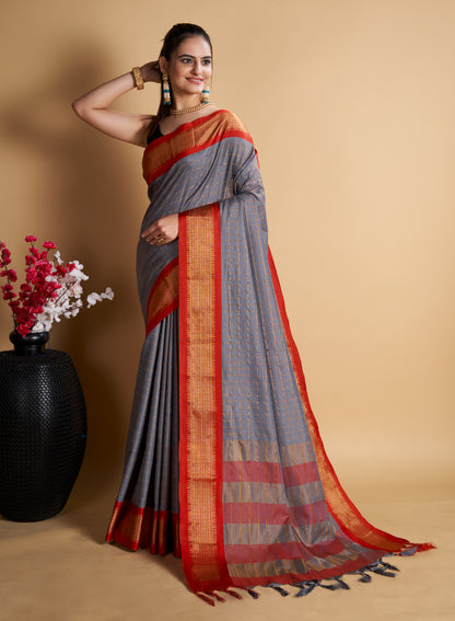 PANDADI SAREE WOMEN'S COTTON SILK CHECKERED SAREE WITH BLOUSE PIECE