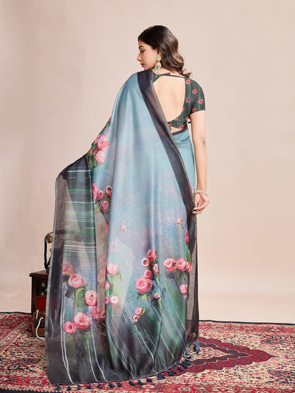SATRANI MULTI LINEN PRINTED SAREE WITH UNSTITCHED BLOUSE