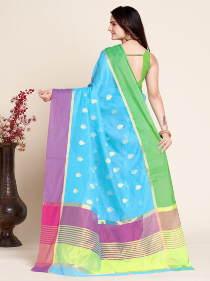 ANJANEYA SAREE AQUA BLUE COTTON WOVEN SAREE WITH UNSTITCHED BLOUSE