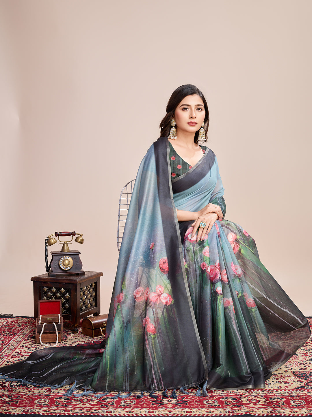 SATRANI MULTI LINEN PRINTED SAREE WITH UNSTITCHED BLOUSE