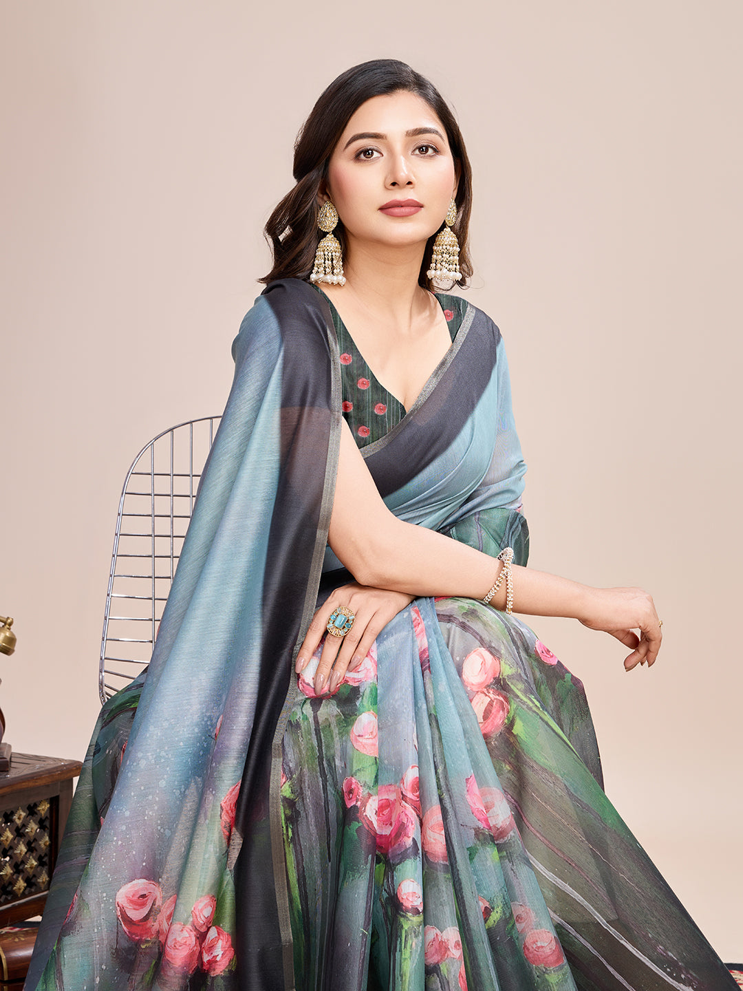SATRANI MULTI LINEN PRINTED SAREE WITH UNSTITCHED BLOUSE