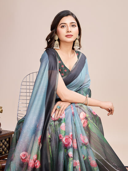 SATRANI MULTI LINEN PRINTED SAREE WITH UNSTITCHED BLOUSE