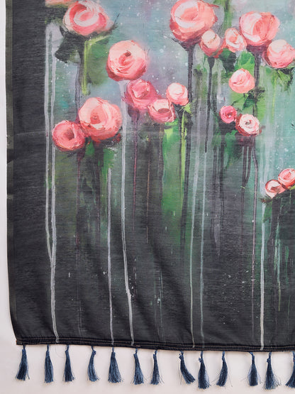 SATRANI MULTI LINEN PRINTED SAREE WITH UNSTITCHED BLOUSE