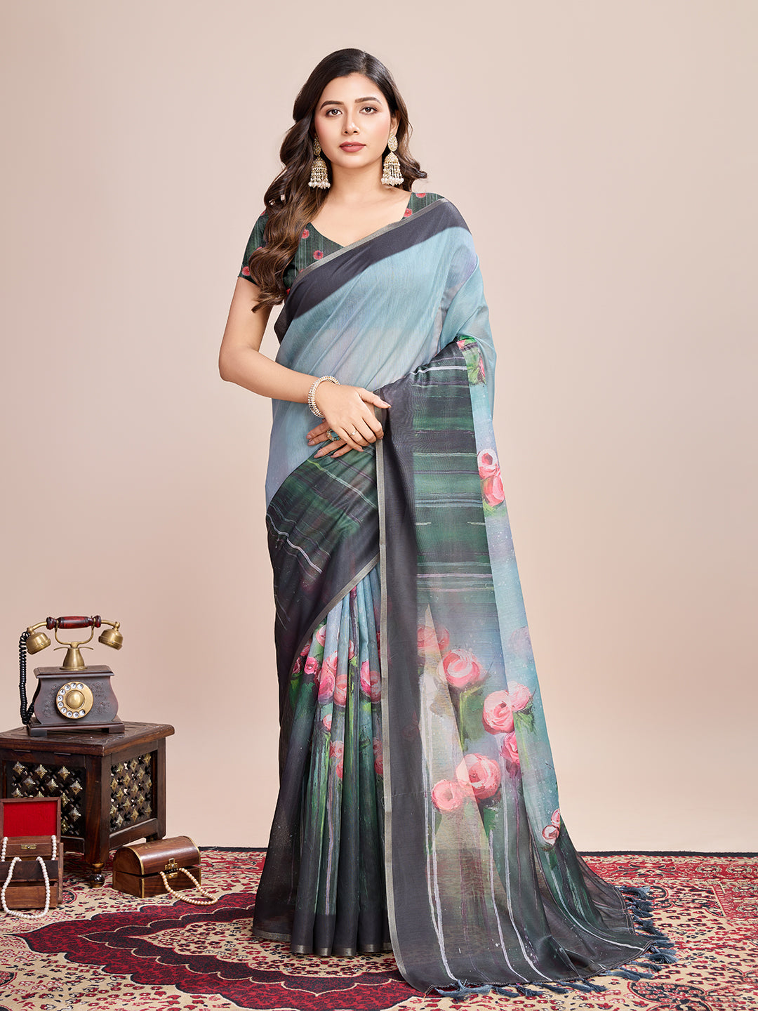 SATRANI MULTI LINEN PRINTED SAREE WITH UNSTITCHED BLOUSE