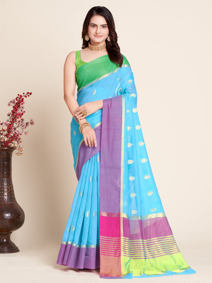 ANJANEYA SAREE AQUA BLUE COTTON WOVEN SAREE WITH UNSTITCHED BLOUSE