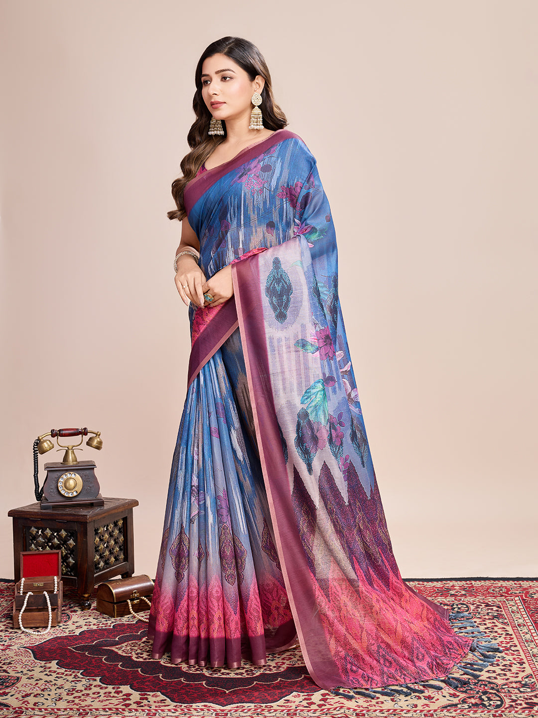 SATRANI MULTI LINEN PRINTED SAREE WITH UNSTITCHED BLOUSE