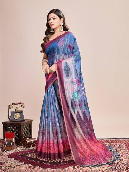 SATRANI MULTI LINEN PRINTED SAREE WITH UNSTITCHED BLOUSE