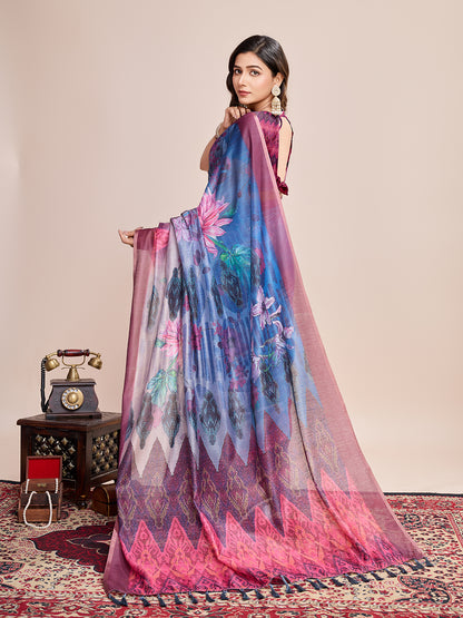 SATRANI MULTI LINEN PRINTED SAREE WITH UNSTITCHED BLOUSE