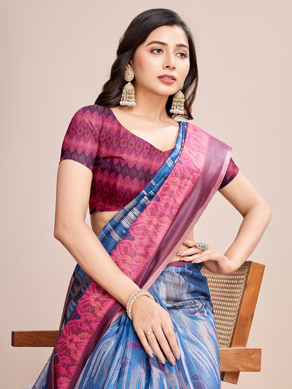 SATRANI MULTI LINEN PRINTED SAREE WITH UNSTITCHED BLOUSE