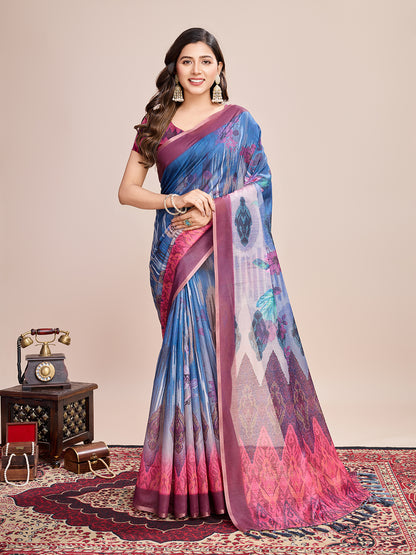 SATRANI MULTI LINEN PRINTED SAREE WITH UNSTITCHED BLOUSE