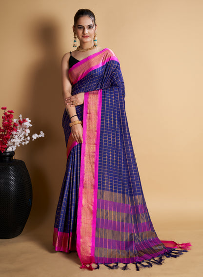 PANDADI SAREE WOMEN'S COTTON SILK CHECKERED SAREE WITH BLOUSE PIECE