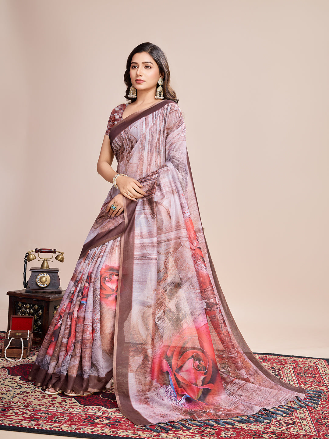 SATRANI MULTI LINEN PRINTED SAREE WITH UNSTITCHED BLOUSE