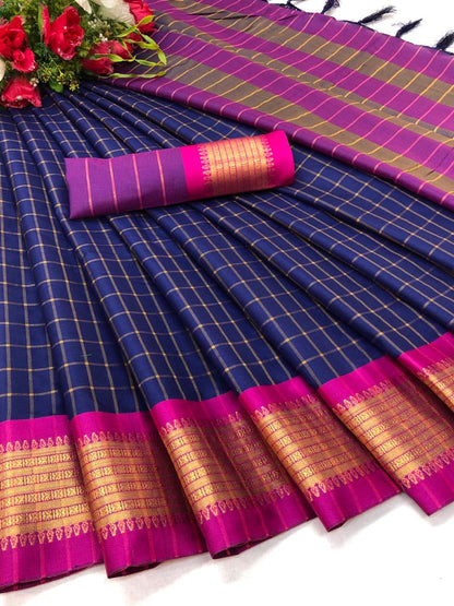 PANDADI SAREE WOMEN'S COTTON SILK CHECKERED SAREE WITH BLOUSE PIECE
