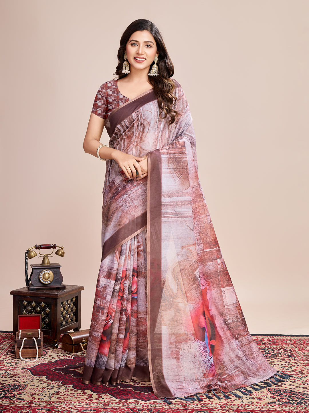 SATRANI MULTI LINEN PRINTED SAREE WITH UNSTITCHED BLOUSE