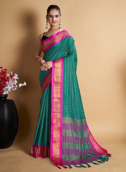 PANDADI SAREE WOMEN'S COTTON SILK CHECKERED SAREE WITH BLOUSE PIECE