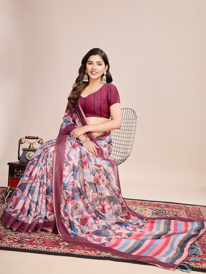 SATRANI MULTI LINEN PRINTED SAREE WITH UNSTITCHED BLOUSE