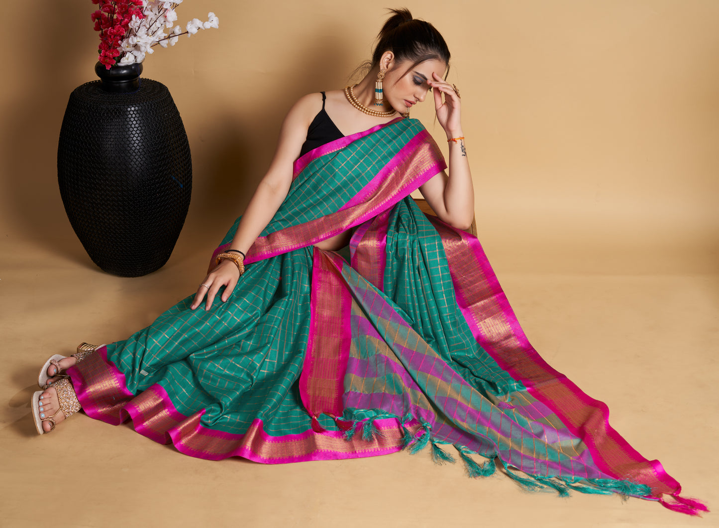 PANDADI SAREE WOMEN'S COTTON SILK CHECKERED SAREE WITH BLOUSE PIECE