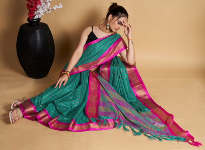PANDADI SAREE WOMEN'S COTTON SILK CHECKERED SAREE WITH BLOUSE PIECE