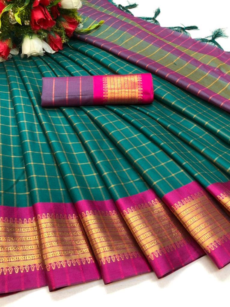 PANDADI SAREE WOMEN'S COTTON SILK CHECKERED SAREE WITH BLOUSE PIECE