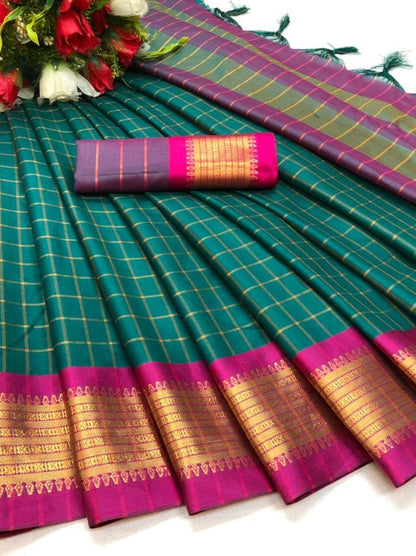 PANDADI SAREE WOMEN'S COTTON SILK CHECKERED SAREE WITH BLOUSE PIECE