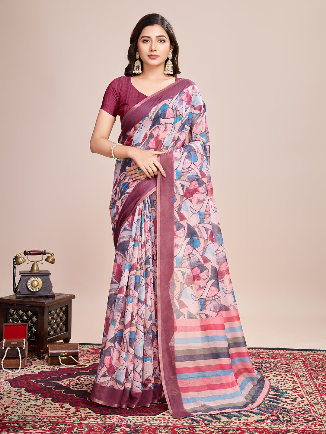 SATRANI MULTI LINEN PRINTED SAREE WITH UNSTITCHED BLOUSE