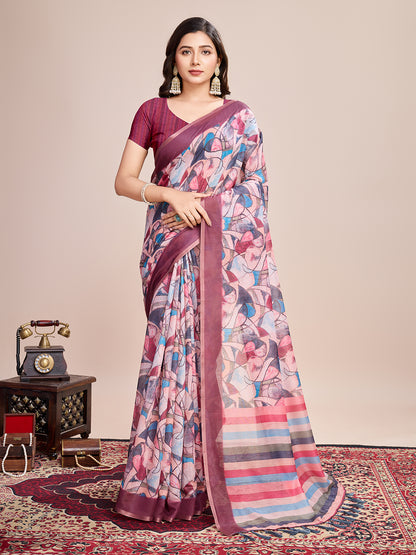 SATRANI MULTI LINEN PRINTED SAREE WITH UNSTITCHED BLOUSE