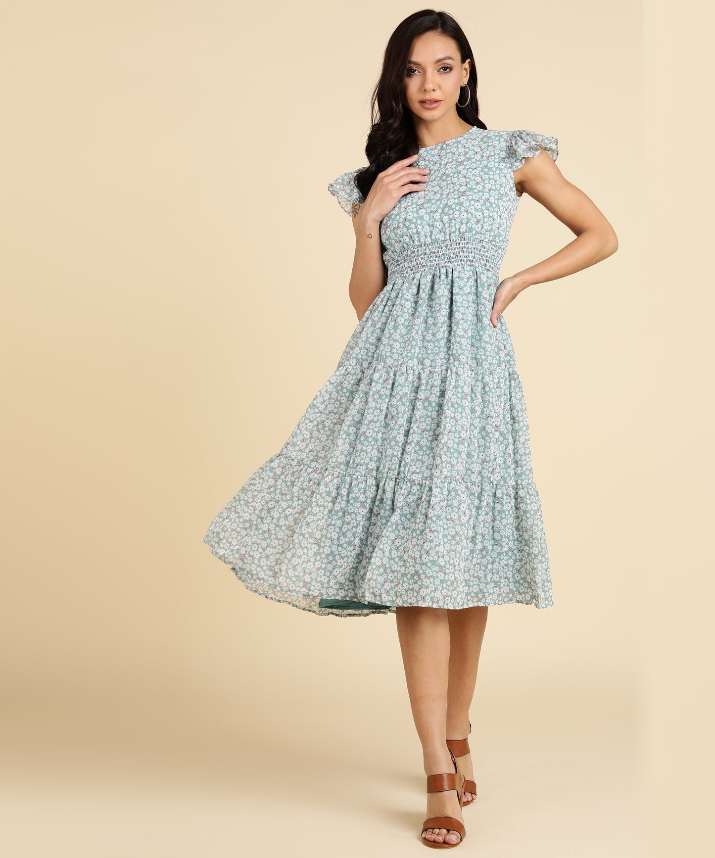 MONOCHROME FLORAL TIERED MIDI DRESS