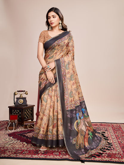SATRANI MULTI LINEN PRINTED SAREE WITH UNSTITCHED BLOUSE