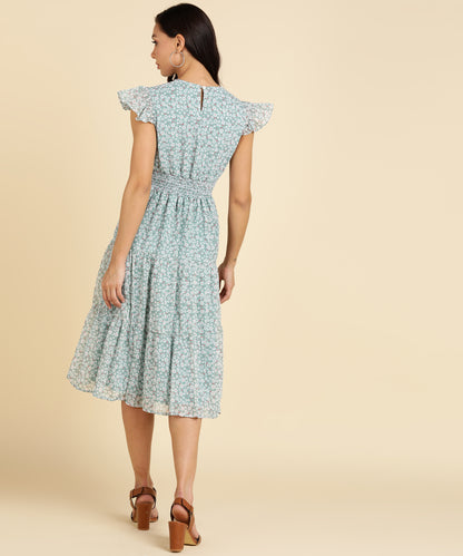 MONOCHROME FLORAL TIERED MIDI DRESS