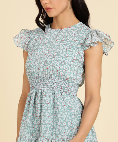 MONOCHROME FLORAL TIERED MIDI DRESS