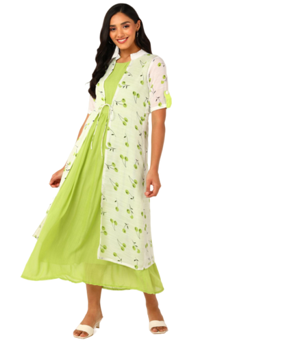 Kurta with Overlay or a Long Jacket Or Shrug with Umbrella Cut Inner Midi Dress