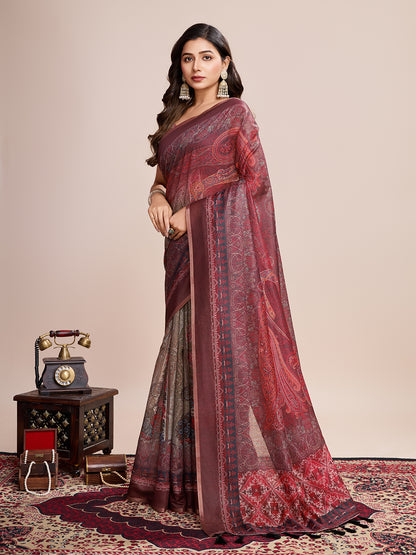 SATRANI MULTI LINEN PRINTED SAREE WITH UNSTITCHED BLOUSE