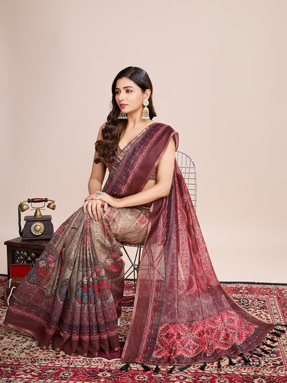SATRANI MULTI LINEN PRINTED SAREE WITH UNSTITCHED BLOUSE
