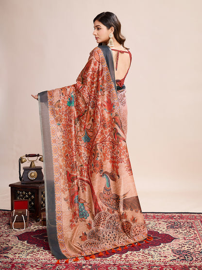 SATRANI MULTI LINEN PRINTED SAREE WITH UNSTITCHED BLOUSE