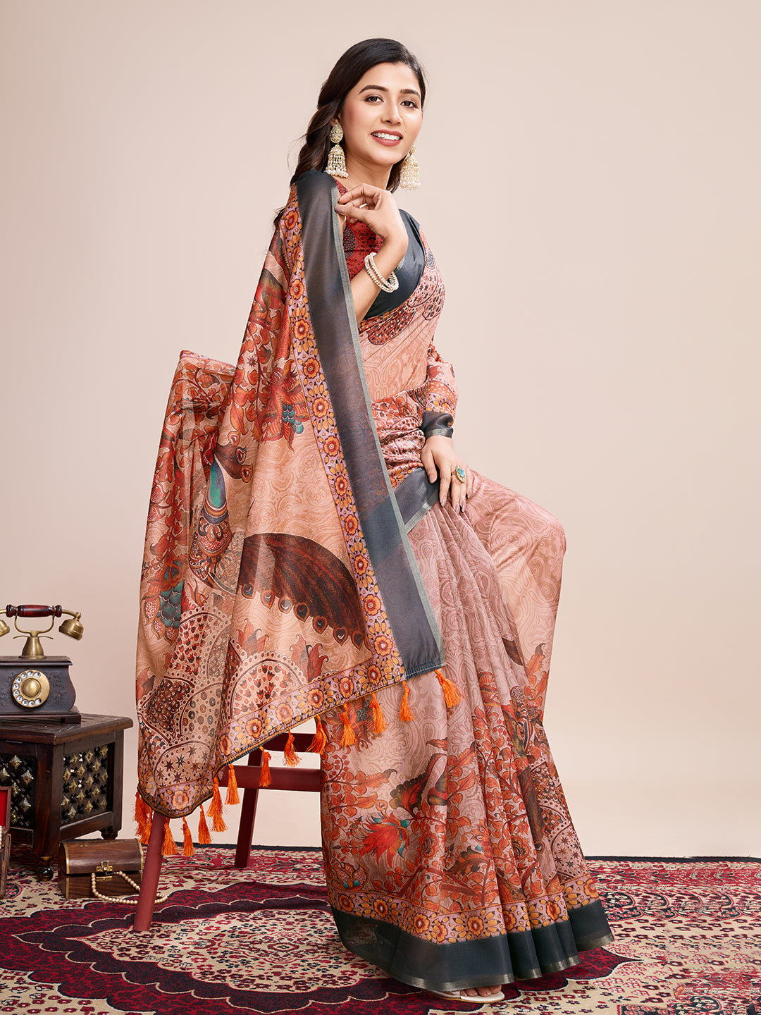 SATRANI MULTI LINEN PRINTED SAREE WITH UNSTITCHED BLOUSE