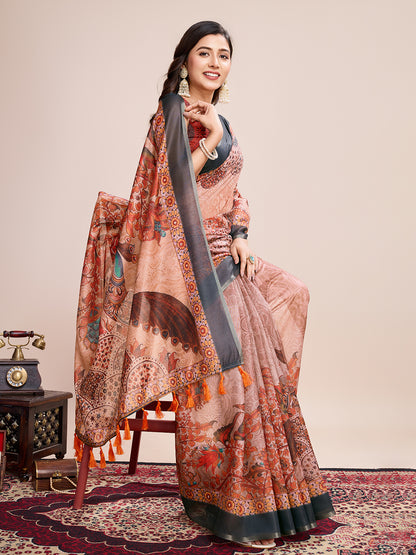 SATRANI MULTI LINEN PRINTED SAREE WITH UNSTITCHED BLOUSE