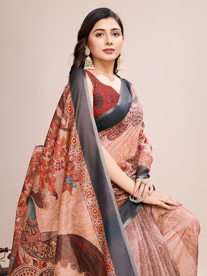SATRANI MULTI LINEN PRINTED SAREE WITH UNSTITCHED BLOUSE