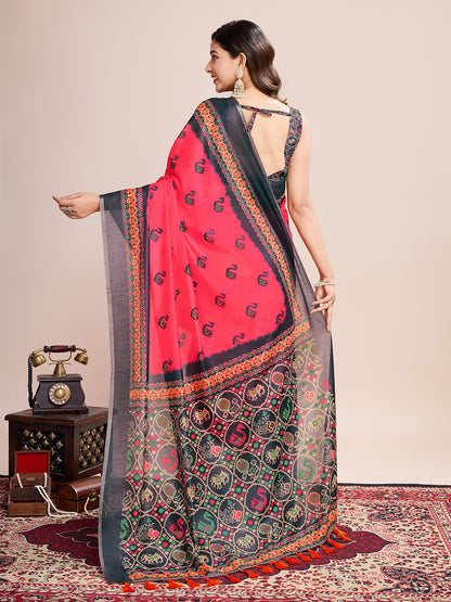 SATRANI MULTI LINEN PRINTED SAREE WITH UNSTITCHED BLOUSE