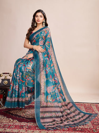 SATRANI MULTI LINEN PRINTED SAREE WITH UNSTITCHED BLOUSE