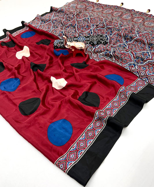 AJRAK PRINTED PURE CRAP SATIN SAREE