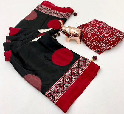 AJRAK PRINTED PURE CRAP SATIN SAREE
