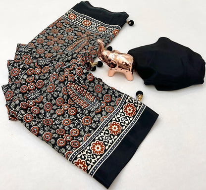 AJRAK PRINTED PURE CRAP SATIN SAREE