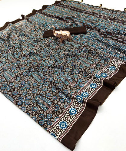 AJRAK PRINTED PURE CRAP SATIN SAREE