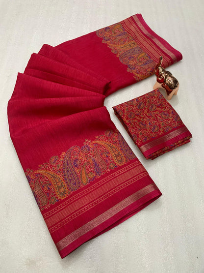 KASHMIRI PURE SOF TUSSER PRINTED SAREE  GOLDEN BORDER