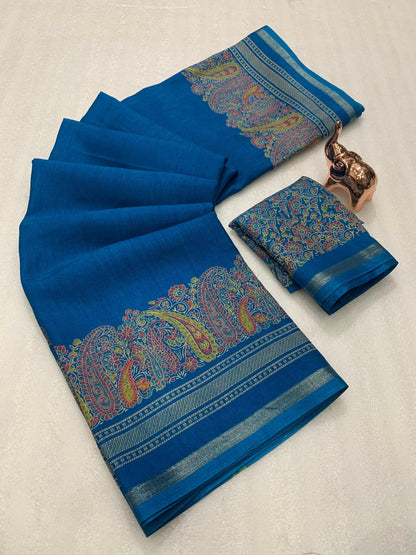 KASHMIRI PURE SOF TUSSER PRINTED SAREE  GOLDEN BORDER