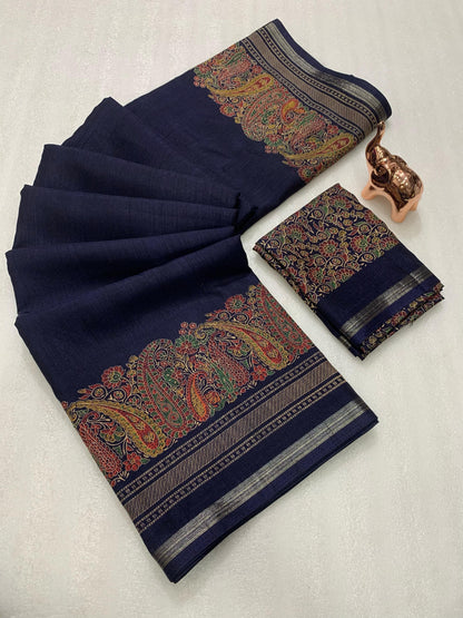 KASHMIRI PURE SOF TUSSER PRINTED SAREE  GOLDEN BORDER