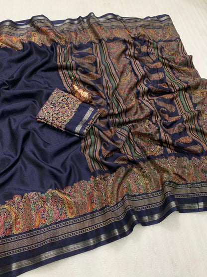 KASHMIRI PURE SOF TUSSER PRINTED SAREE  GOLDEN BORDER